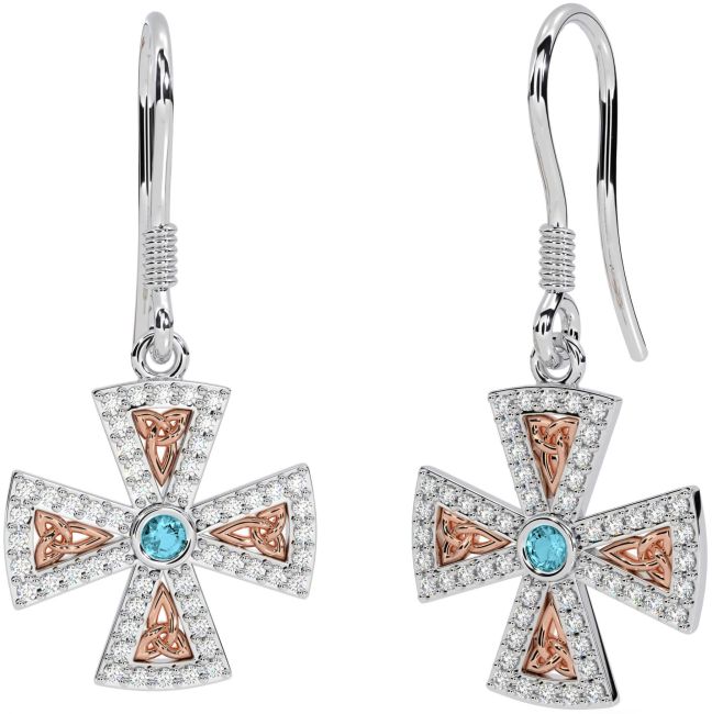 Diamond Aquamarine Rose Gold Silver Celtic Cross Trinity Knot Dangle Earrings