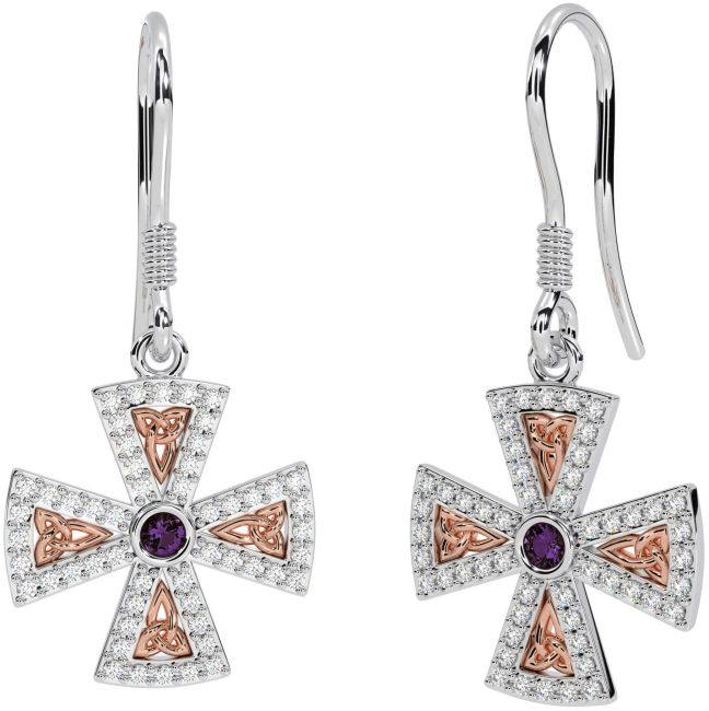 Diamond Alexandrite Rose Gold Silver Celtic Cross Trinity Knot Dangle Earrings