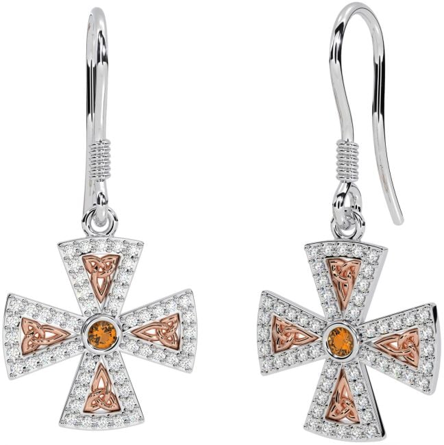 Diamond Citrine Rose Gold Silver Celtic Cross Trinity Knot Dangle Earrings