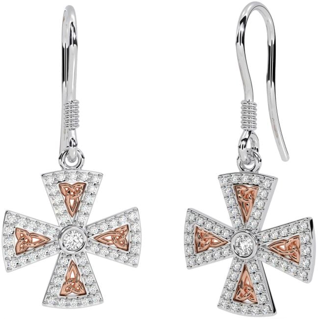 Diamond Rose Gold Silver Celtic Cross Trinity Knot Dangle Earrings