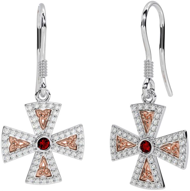 Diamond Garnet Rose Gold Silver Celtic Cross Trinity Knot Dangle Earrings