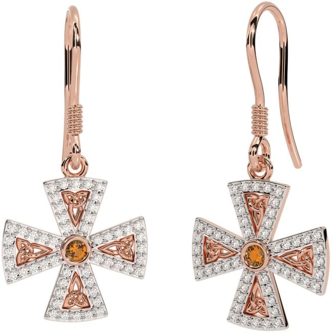 Diamond Citrine Rose Gold Silver Celtic Cross Trinity Knot Dangle Earrings