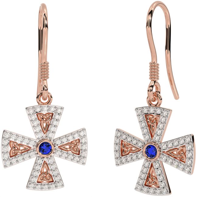 Diamond Sapphire Rose Gold Silver Celtic Cross Trinity Knot Dangle Earrings