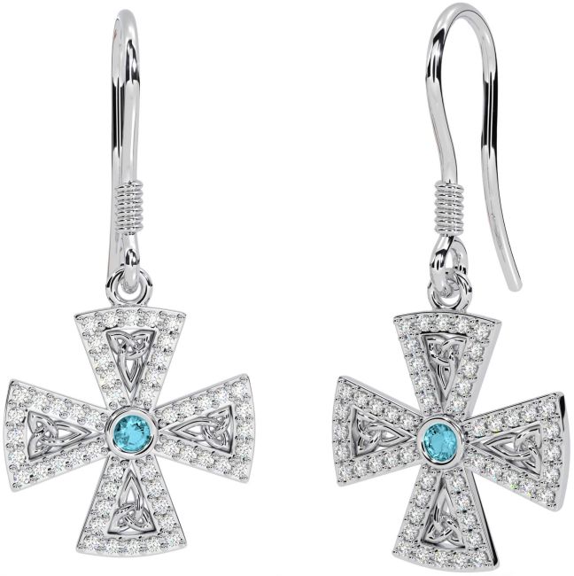 Diamond Aquamarine Silver Celtic Cross Trinity Knot Dangle Earrings