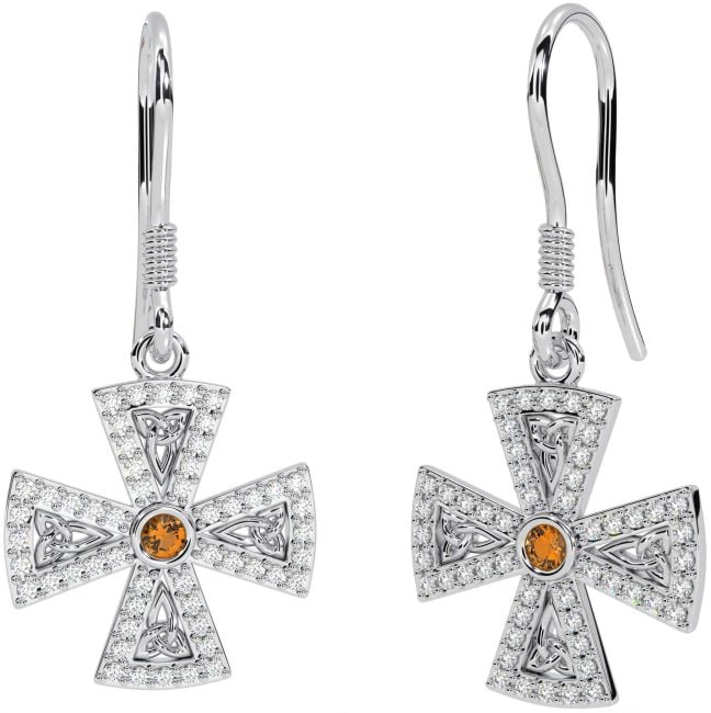 Diamond Citrine Silver Celtic Cross Trinity Knot Dangle Earrings