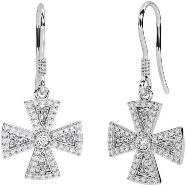 Diamond Silver Celtic Cross Trinity Knot Dangle Earrings