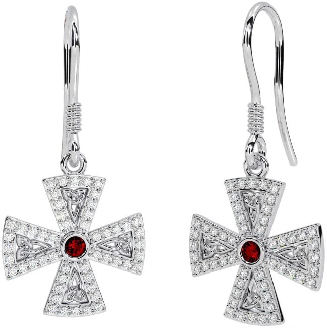 Diamond Garnet Silver Celtic Cross Trinity Knot Dangle Earrings