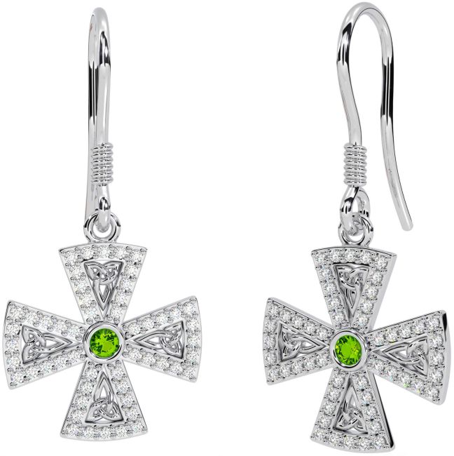 Diamond Peridot Silver Celtic Cross Trinity Knot Dangle Earrings