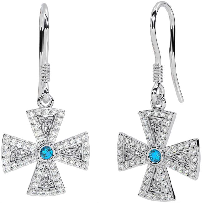 Diamond Topaz Silver Celtic Cross Trinity Knot Dangle Earrings