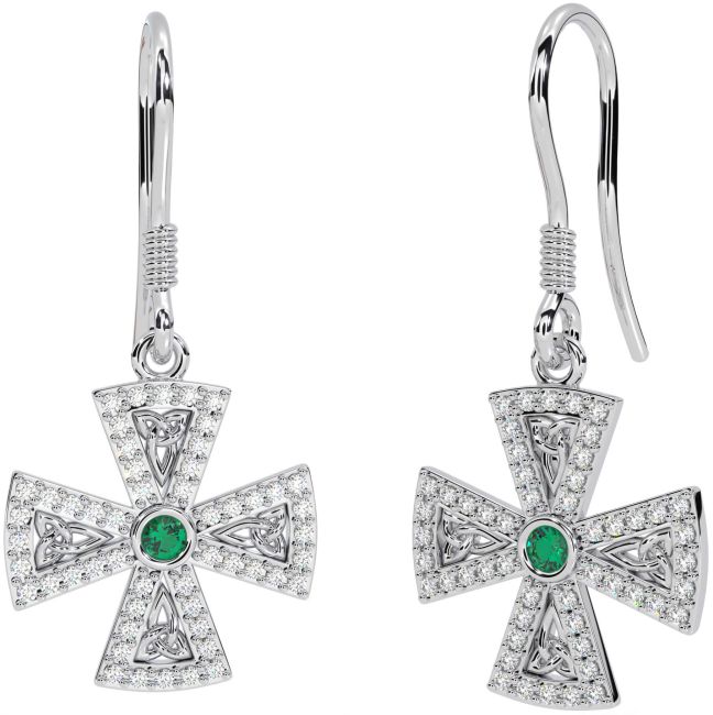 Diamond Emerald White Gold Celtic Cross Trinity Knot Dangle Earrings