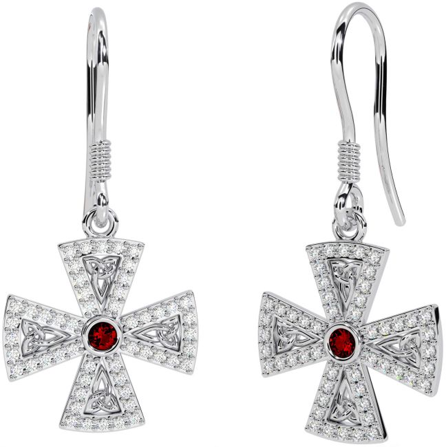 Diamond Garnet White Gold Celtic Cross Trinity Knot Dangle Earrings