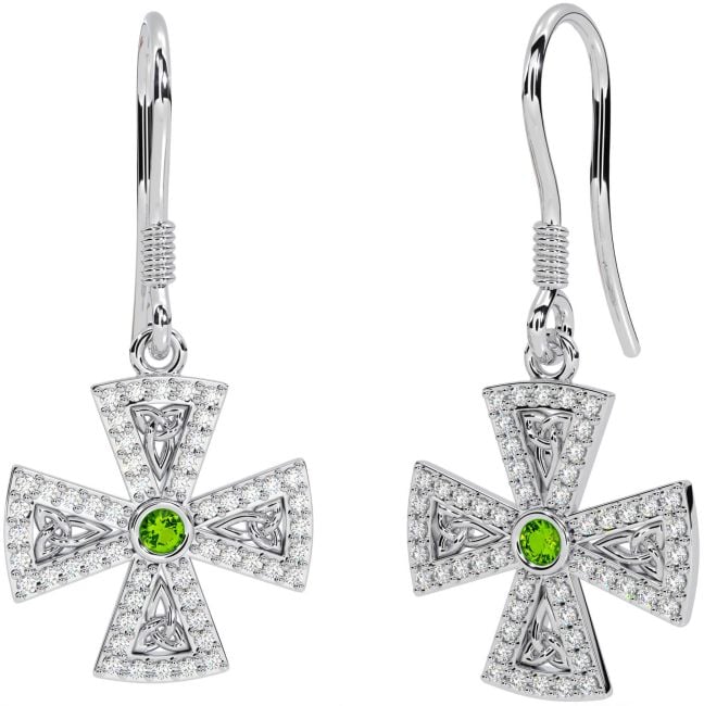 Diamond Peridot White Gold Celtic Cross Trinity Knot Dangle Earrings