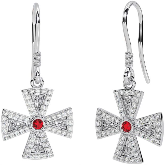 Diamond Ruby White Gold Celtic Cross Trinity Knot Dangle Earrings