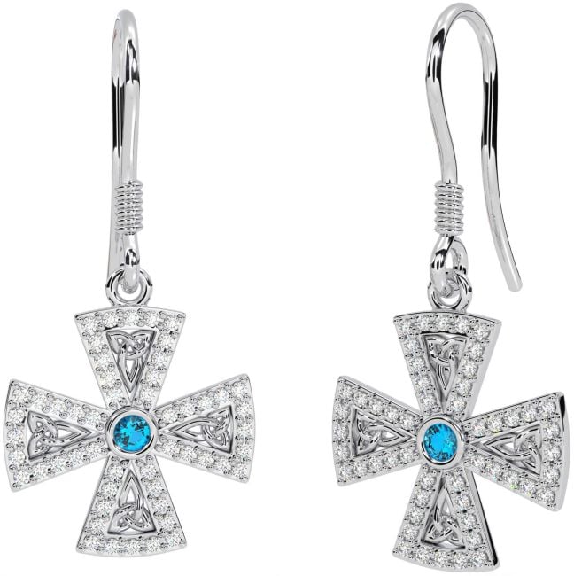 Diamond Topaz White Gold Celtic Cross Trinity Knot Dangle Earrings