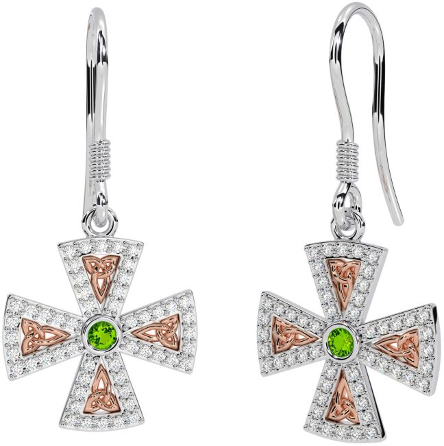 Diamond Peridot White Rose Gold Celtic Cross Trinity Knot Dangle Earrings