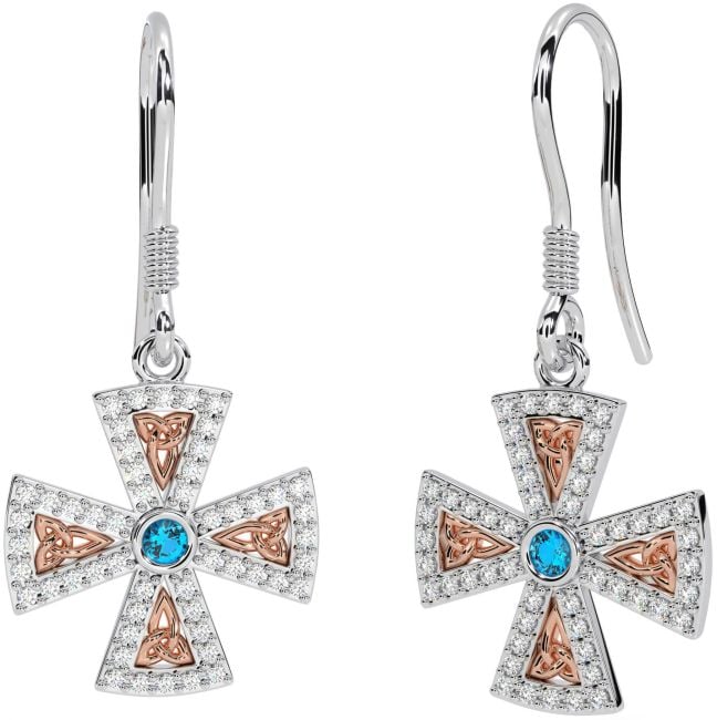 Diamond Topaz White Rose Gold Celtic Cross Trinity Knot Dangle Earrings