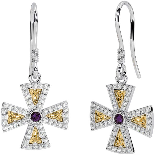 Diamond Alexandrite White Yellow Gold Celtic Cross Trinity Knot Dangle Earrings