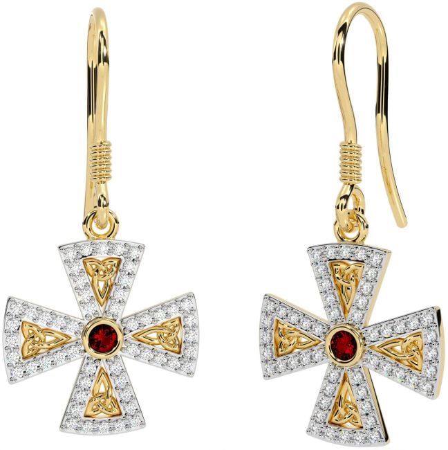 Diamond Garnet Gold Celtic Cross Trinity Knot Dangle Earrings