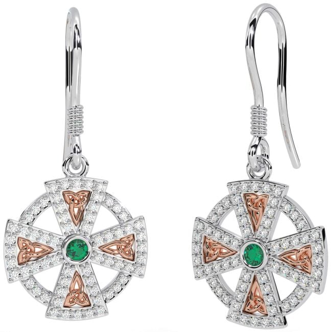 Diamond Emerald Rose Gold Silver Celtic Cross Dangle Earrings