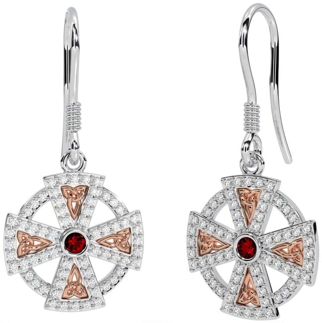 Diamond Garnet Rose Gold Silver Celtic Cross Dangle Earrings