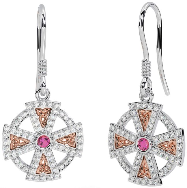 Diamond Pink Tourmaline Rose Gold Silver Celtic Cross Dangle Earrings