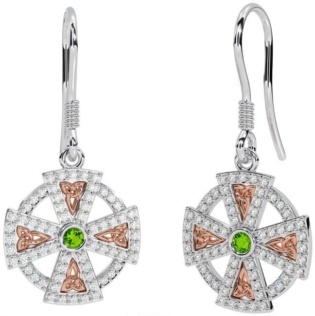 Diamond Peridot Rose Gold Silver Celtic Cross Dangle Earrings