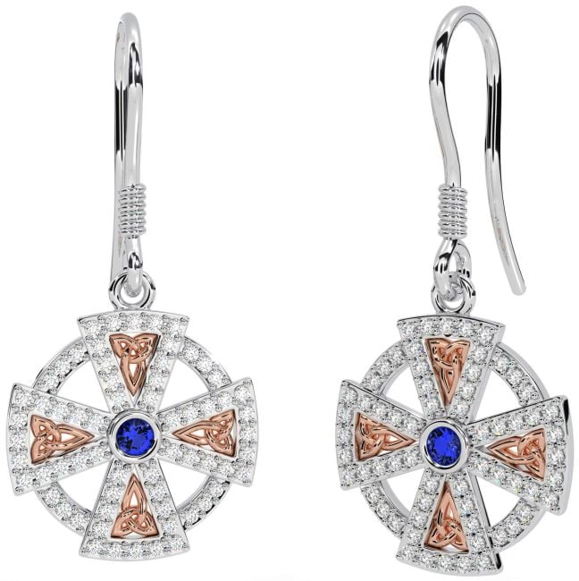 Diamond Sapphire Rose Gold Silver Celtic Cross Dangle Earrings