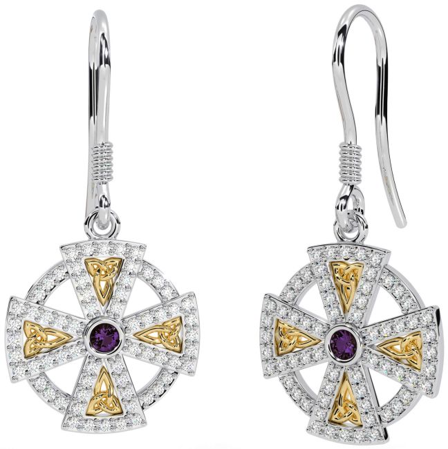 Diamond Alexandrite Gold Silver Celtic Cross Dangle Earrings