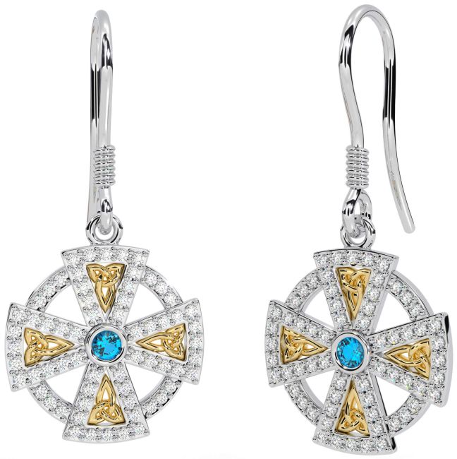 Diamond Topaz Gold Silver Celtic Cross Dangle Earrings