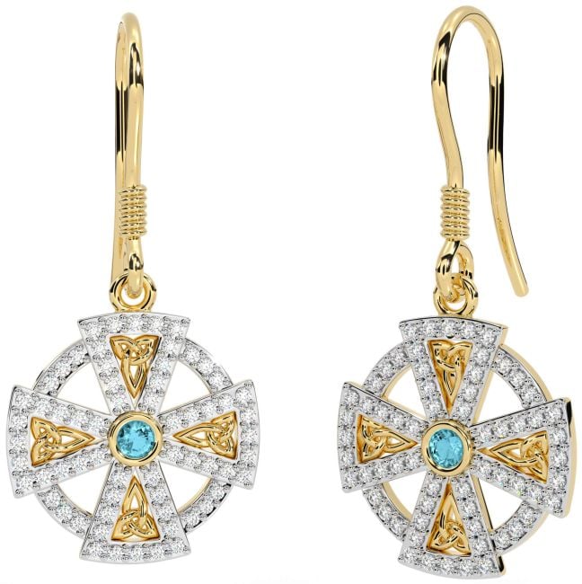 Diamond Aquamarine Gold Silver Celtic Cross Dangle Earrings