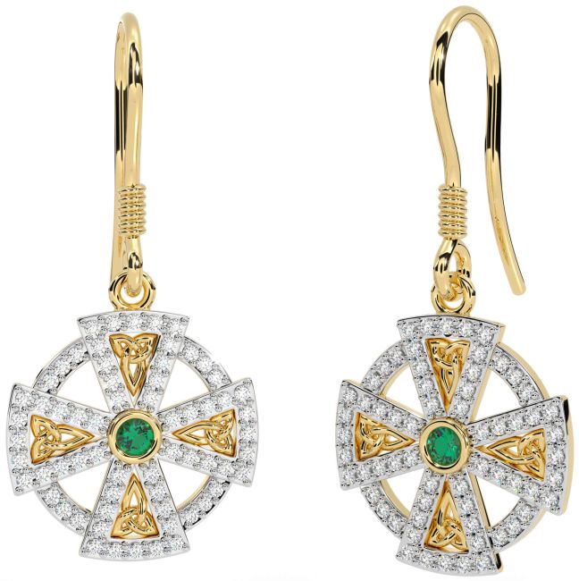 Diamond Emerald Gold Silver Celtic Cross Dangle Earrings