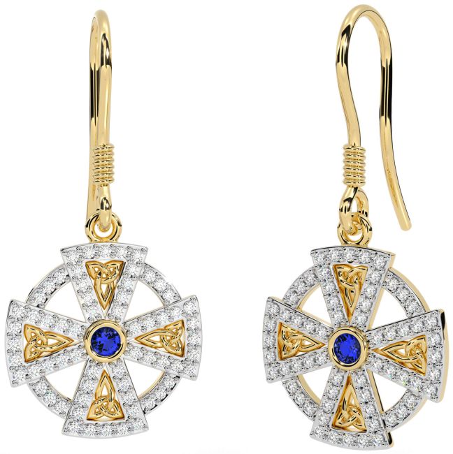 Diamond Sapphire Gold Silver Celtic Cross Dangle Earrings