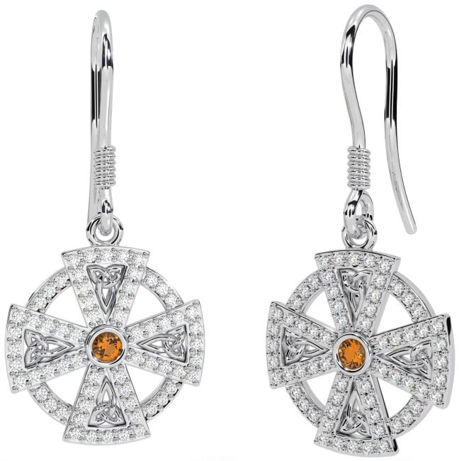 Diamond Citrine Silver Celtic Cross Dangle Earrings