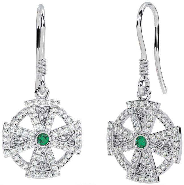 Diamond Emerald Silver Celtic Cross Dangle Earrings