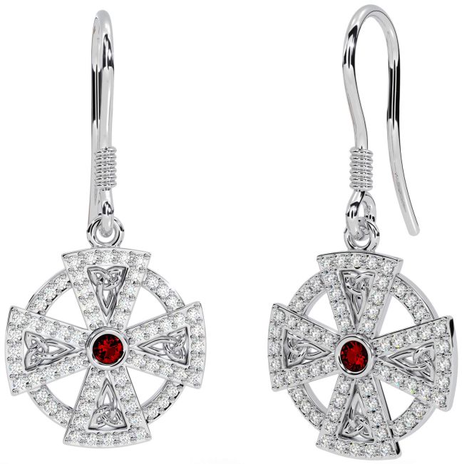 Diamond Garnet Silver Celtic Cross Dangle Earrings