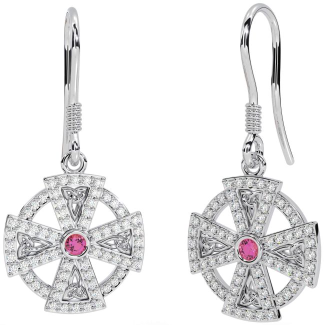 Diamante Rosa Turmalina Prata céltico Cruzar Pendurar Brincos