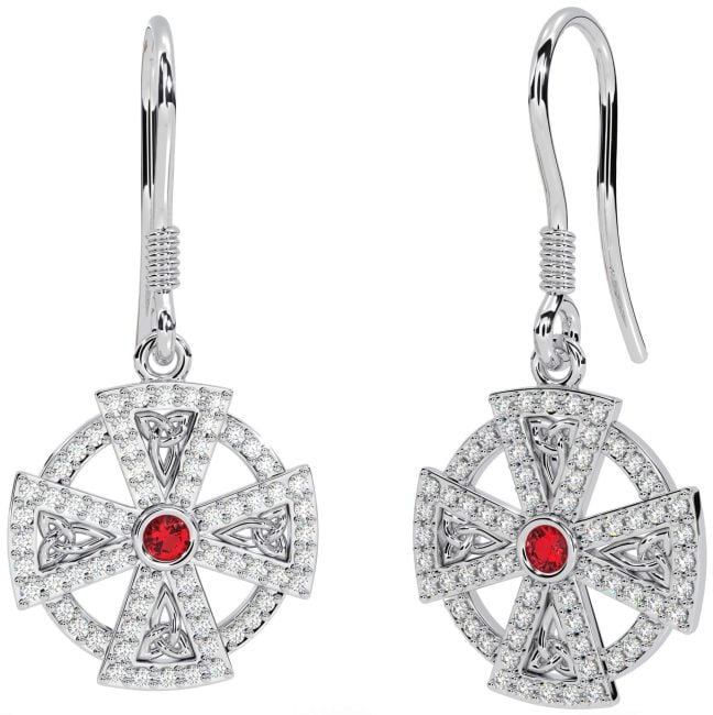 Diamond Ruby Silver Celtic Cross Dangle Earrings