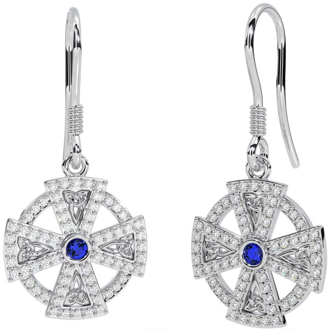 Diamond Sapphire Silver Celtic Cross Dangle Earrings