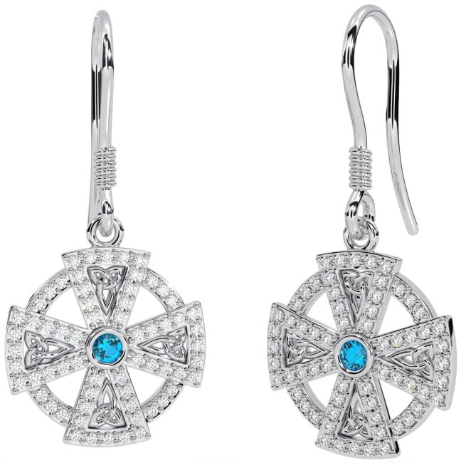 Diamond Topaz Silver Celtic Cross Dangle Earrings