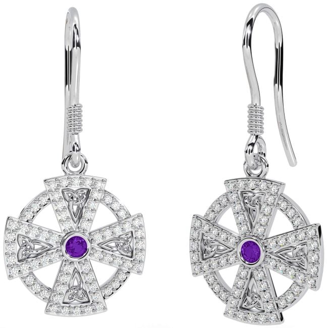 Diamond Amethyst White Gold Celtic Cross Dangle Earrings