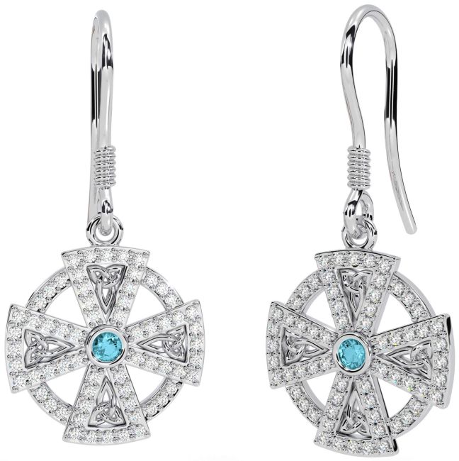 Diamond Aquamarine White Gold Celtic Cross Dangle Earrings