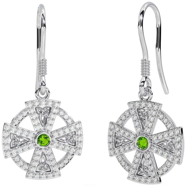 Diamond Peridot White Gold Celtic Cross Dangle Earrings