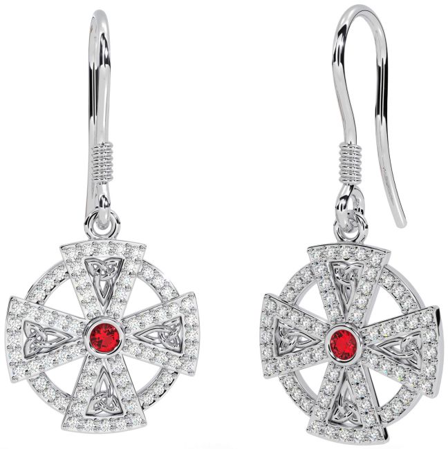 Diamond Ruby White Gold Celtic Cross Dangle Earrings