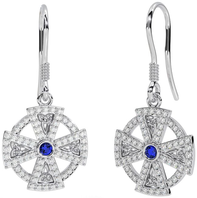 Diamond Sapphire White Gold Celtic Cross Dangle Earrings