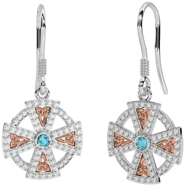 Diamond Aquamarine White Rose Gold Celtic Cross Dangle Earrings