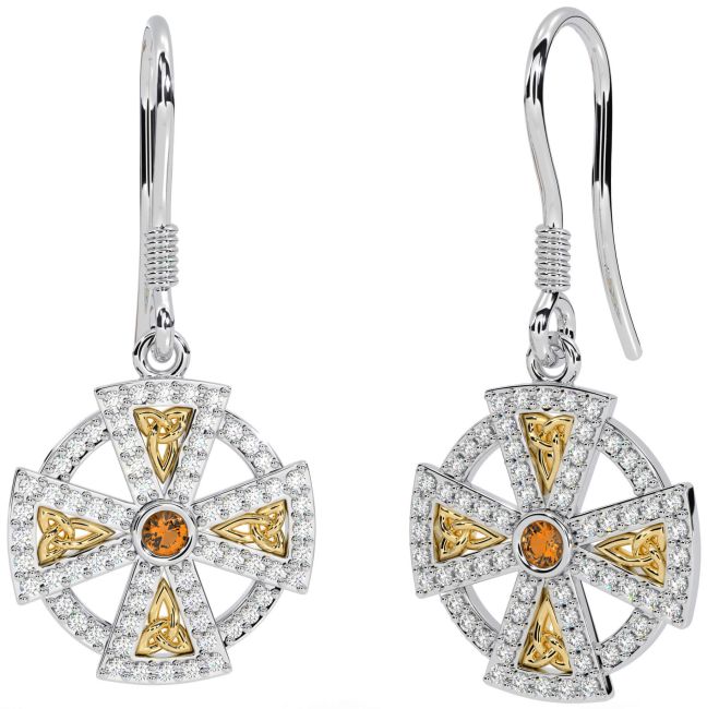 Diamond Citrine White Yellow Gold Celtic Cross Dangle Earrings