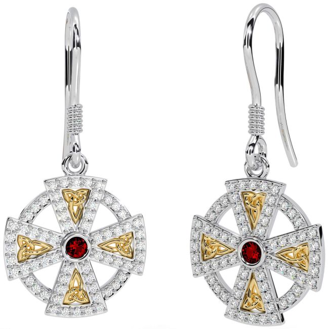 Diamond Garnet White Yellow Gold Celtic Cross Dangle Earrings