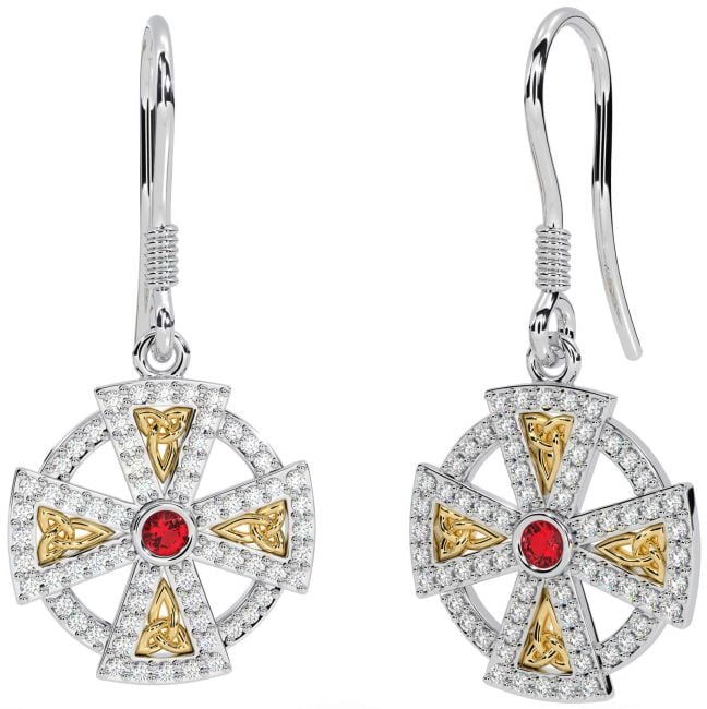 Diamond Ruby White Yellow Gold Celtic Cross Dangle Earrings