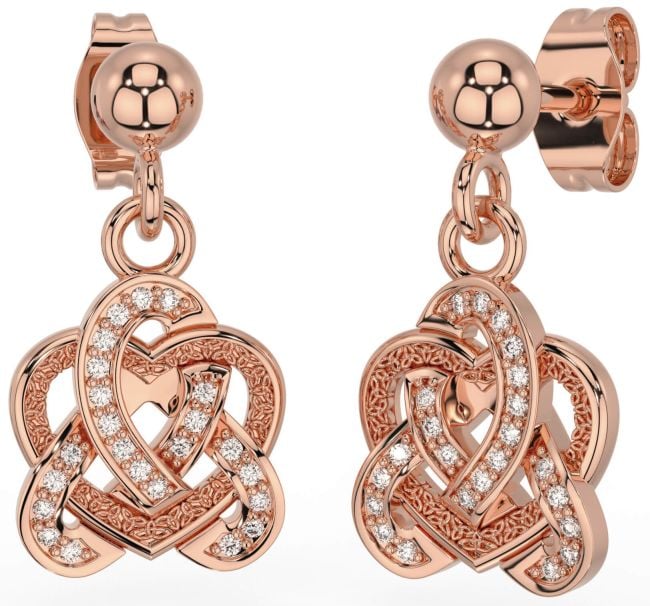 Diamond Rose Gold Silver Celtic Trinity Knot Heart Dangle Earrings