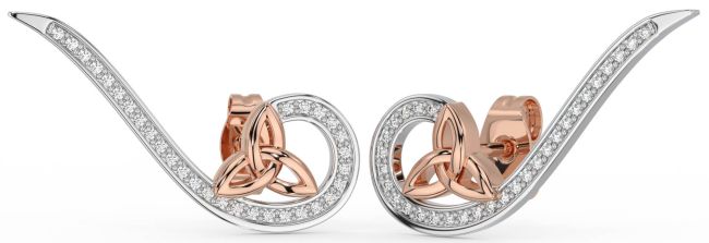 Diamond Rose Gold Silver Celtic Trinity Knot Climber Earrings